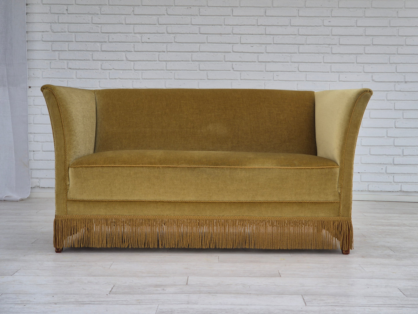 1970s, Danish 2 seater sofa, original condition, light green velour, beech wood legs.