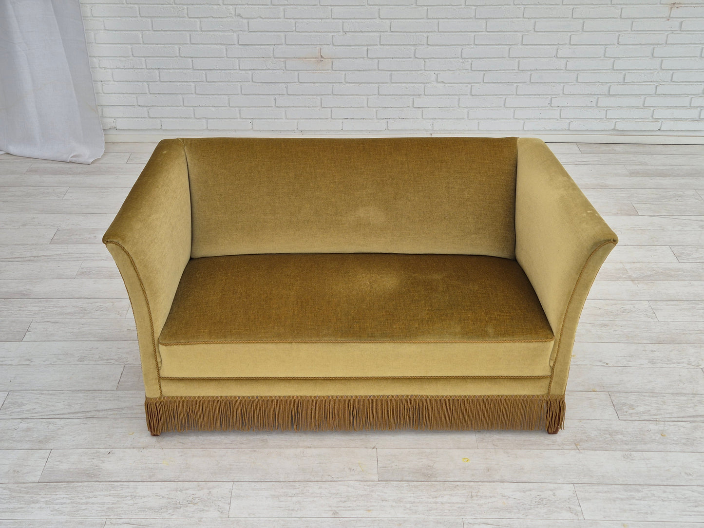 1970s, Danish 2 seater sofa, original condition, light green velour, beech wood legs.