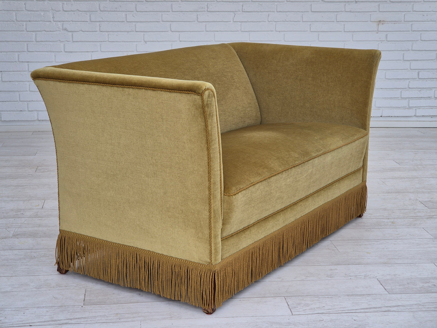 1970s, Danish 2 seater sofa, original condition, light green velour, beech wood legs.