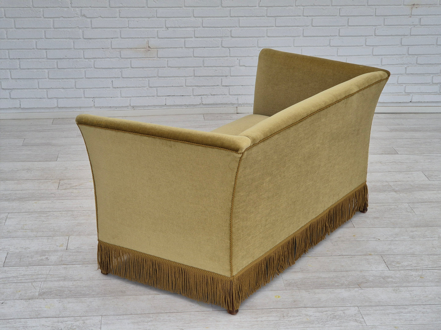 1970s, Danish 2 seater sofa, original condition, light green velour, beech wood legs.