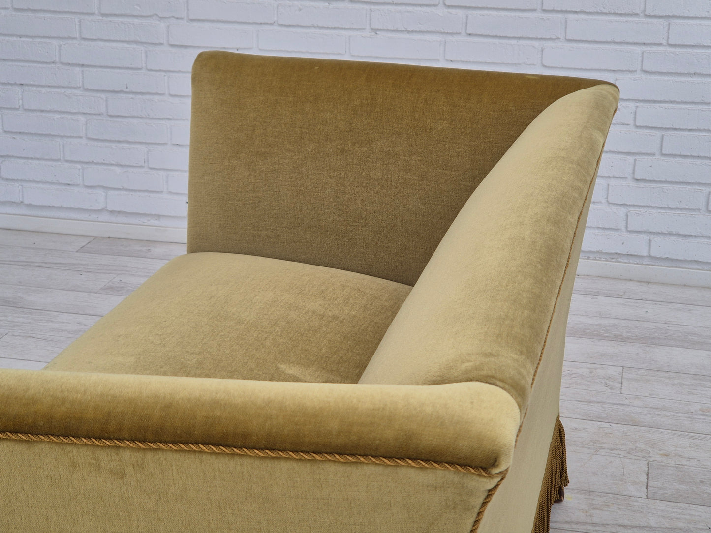 1970s, Danish 2 seater sofa, original condition, light green velour, beech wood legs.