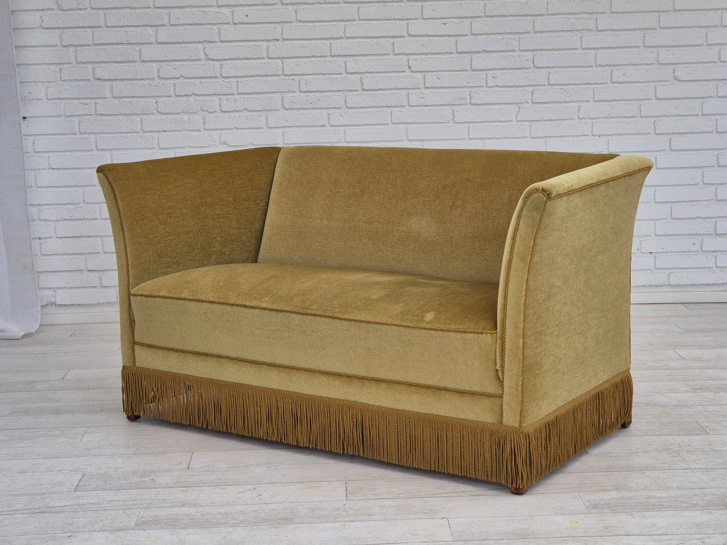 1970s, Danish 2 seater sofa, original condition, light green velour, beech wood legs.