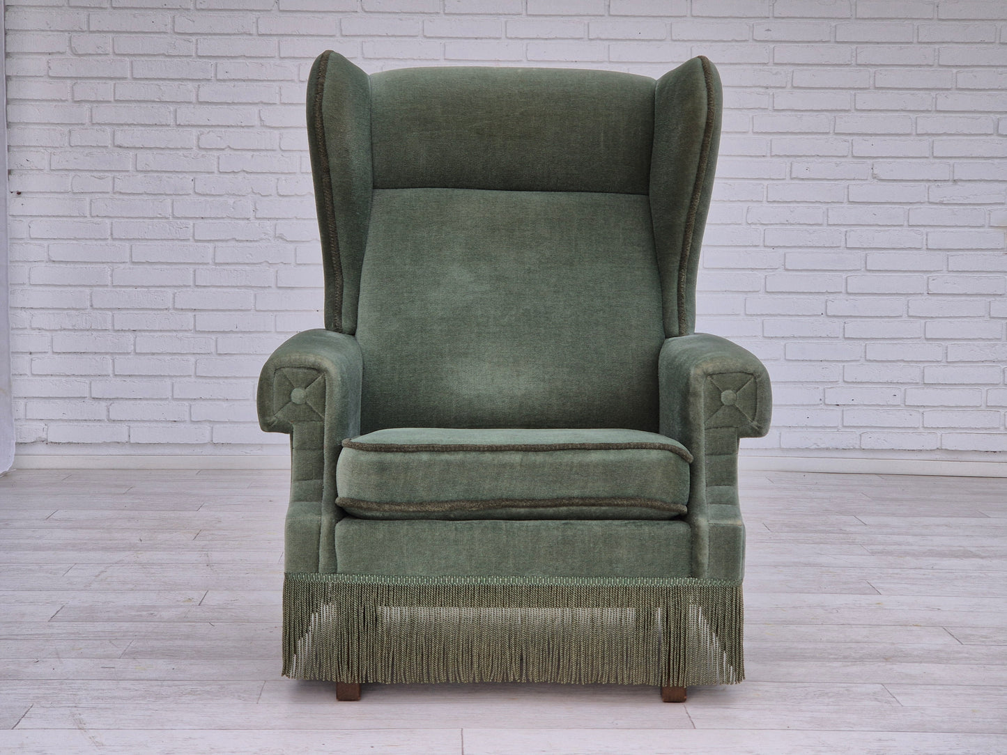 1970s, Danish wingback armchair, original condition, furniture velour, beech wood.