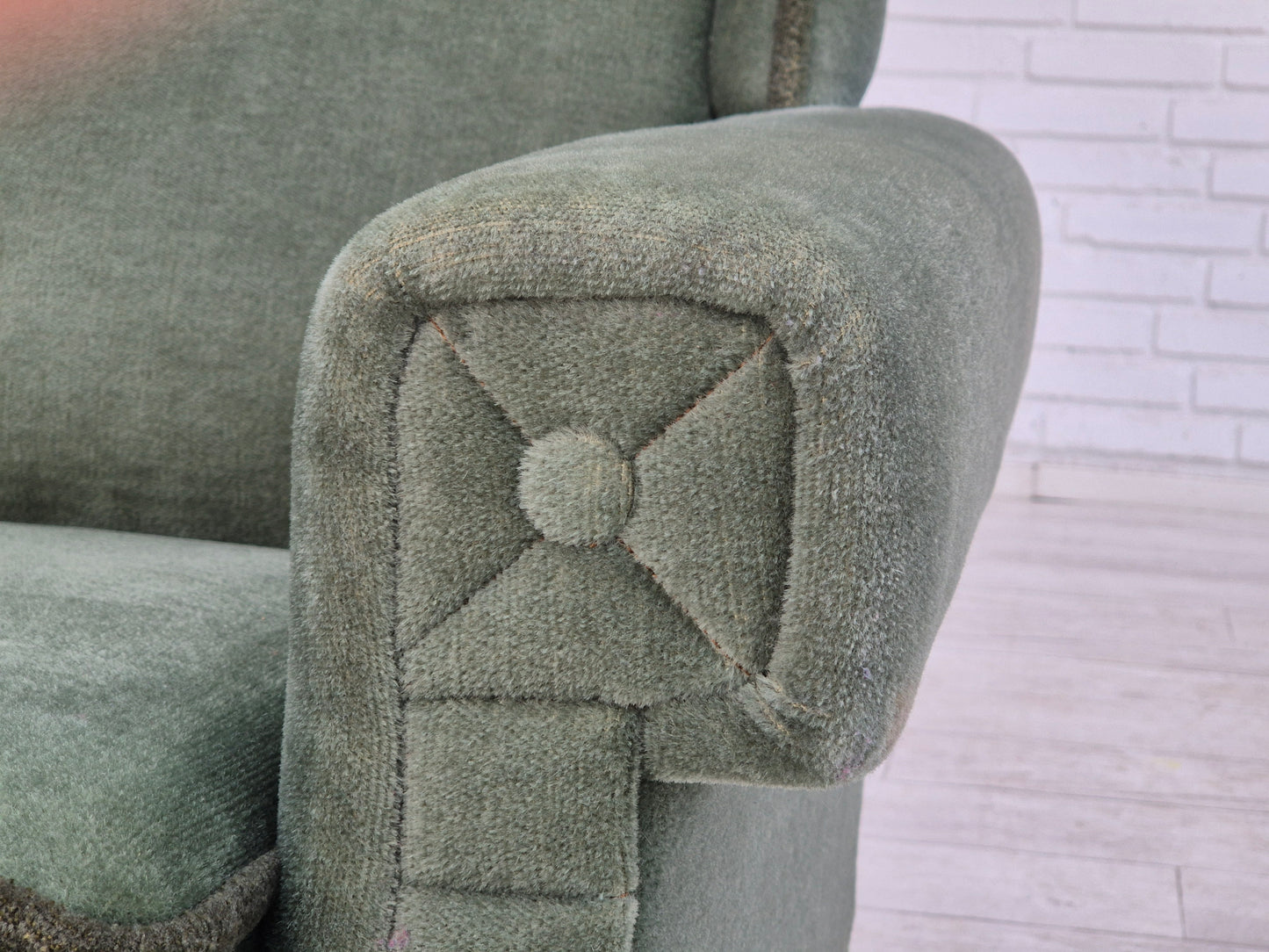 1970s, Danish wingback armchair, original condition, furniture velour, beech wood.