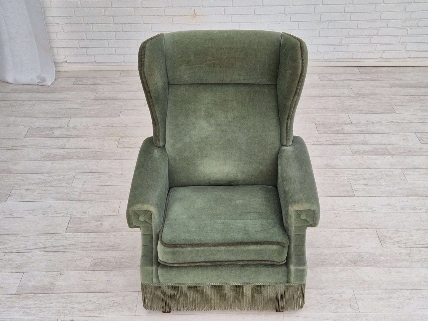 1970s, Danish wingback armchair, original condition, furniture velour, beech wood.