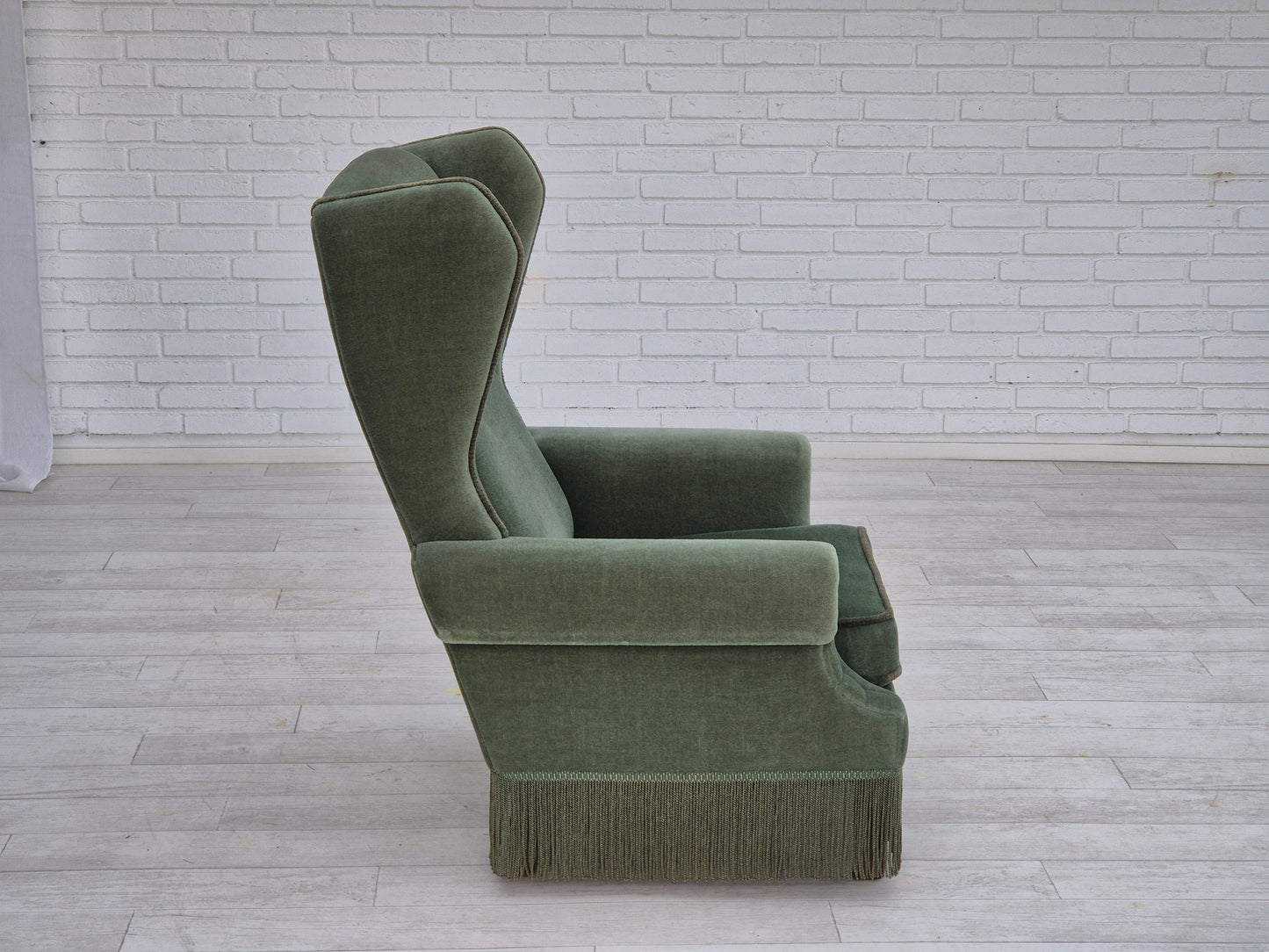 1970s, Danish wingback armchair, original condition, furniture velour, beech wood.