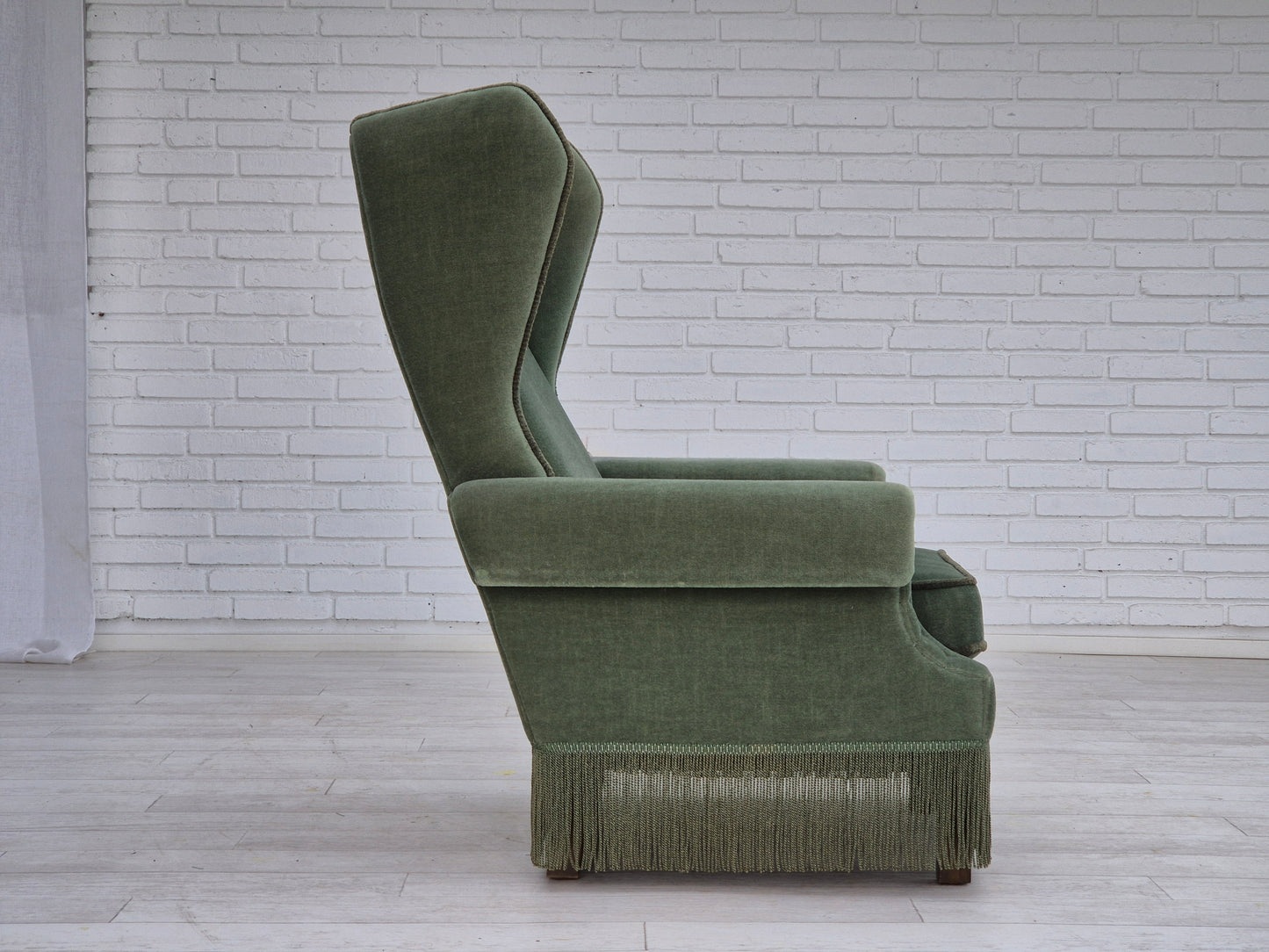 1970s, Danish wingback armchair, original condition, furniture velour, beech wood.