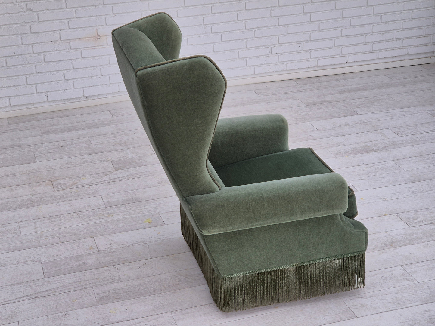 1970s, Danish wingback armchair, original condition, furniture velour, beech wood.