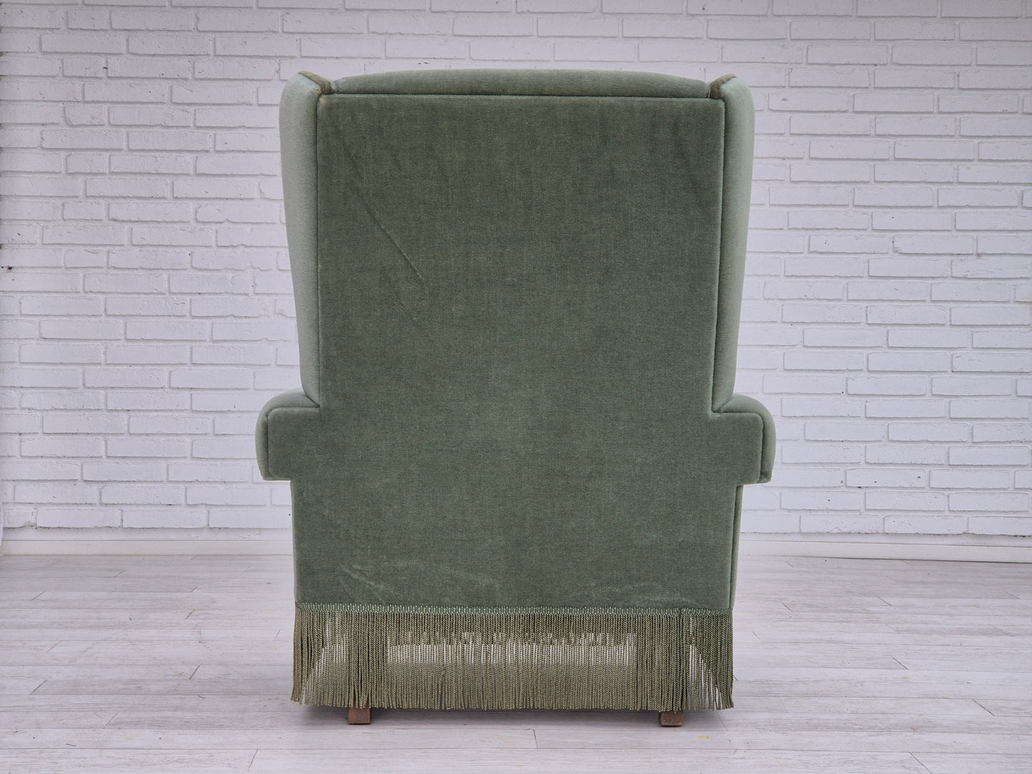 1970s, Danish wingback armchair, original condition, furniture velour, beech wood.