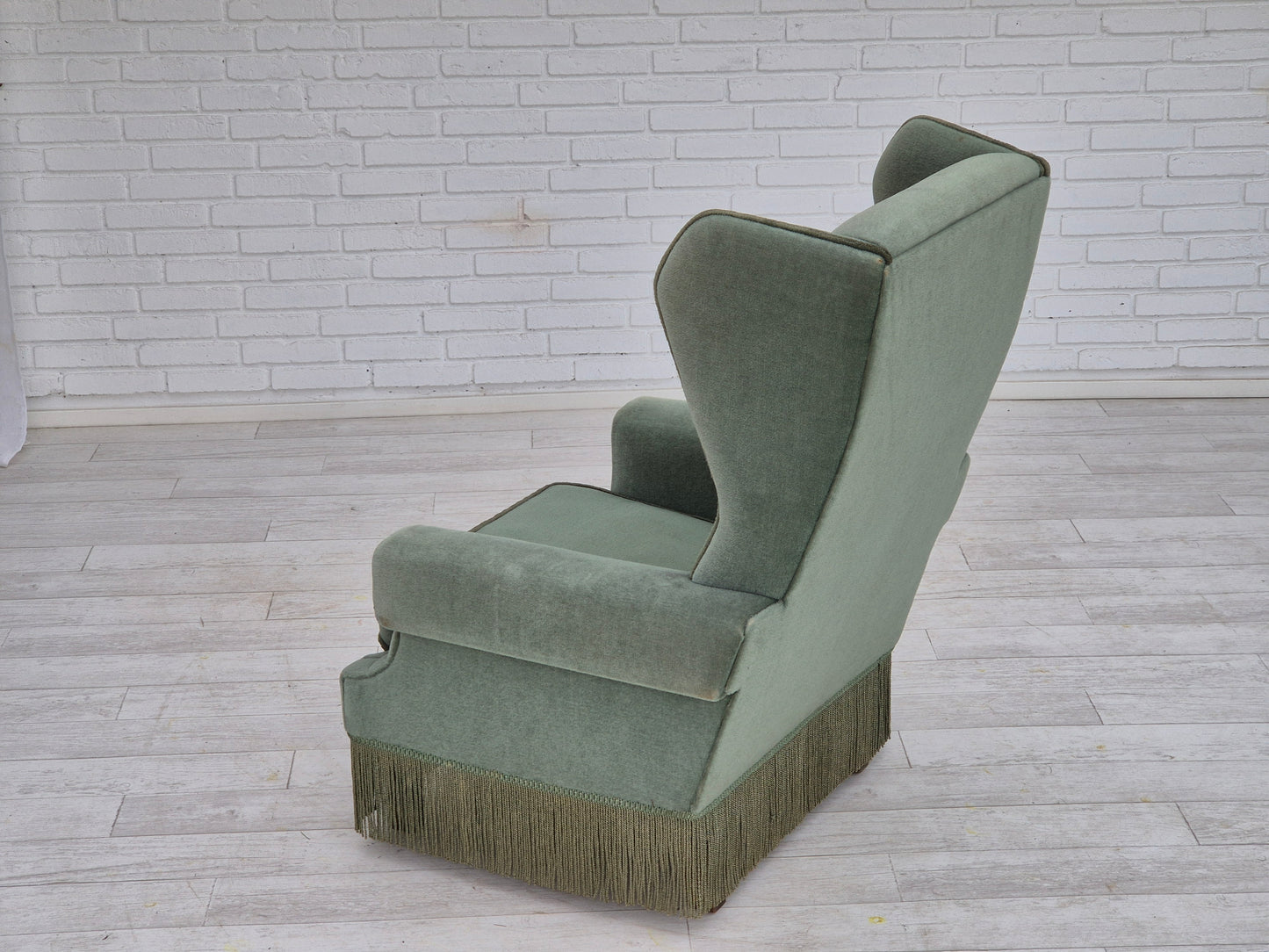 1970s, Danish wingback armchair, original condition, furniture velour, beech wood.