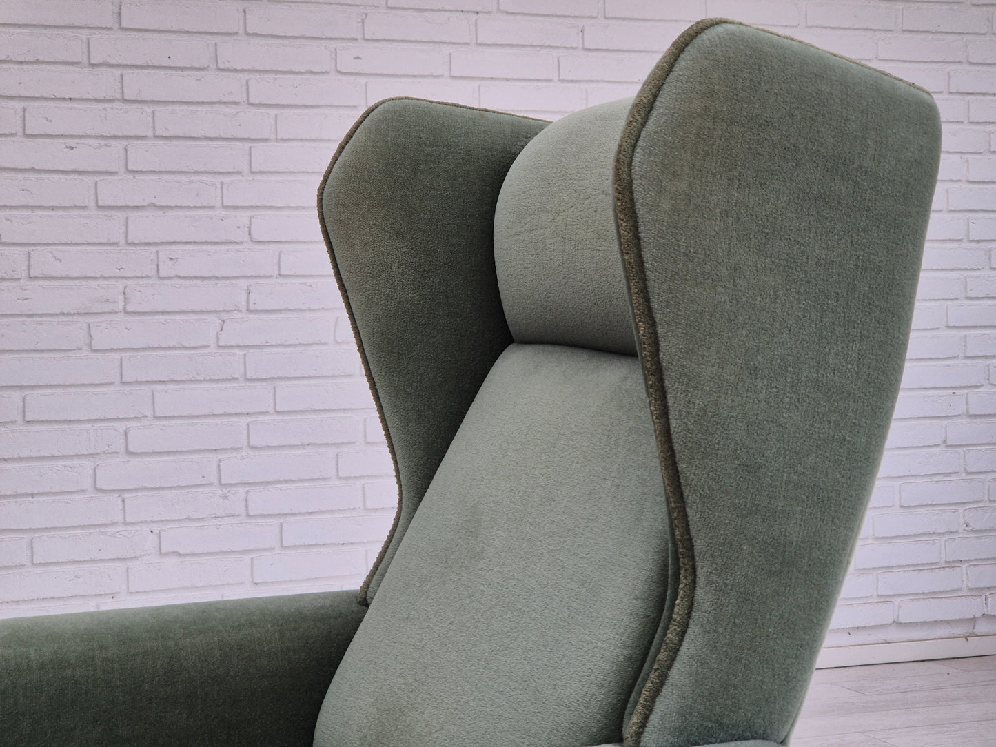 1970s, Danish wingback armchair, original condition, furniture velour, beech wood.