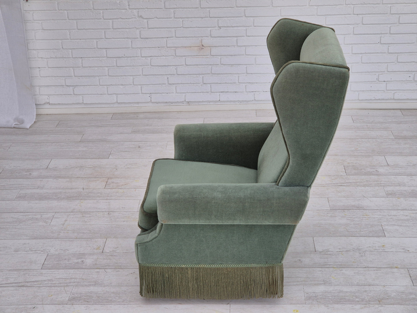 1970s, Danish wingback armchair, original condition, furniture velour, beech wood.