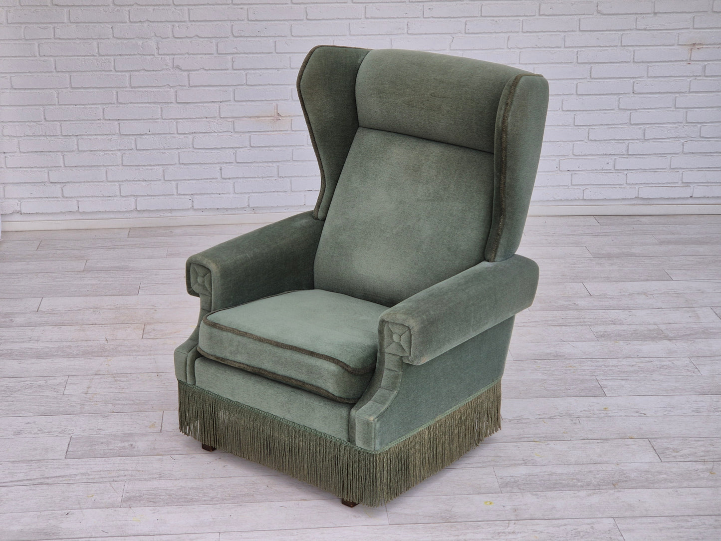 1970s, Danish wingback armchair, original condition, furniture velour, beech wood.