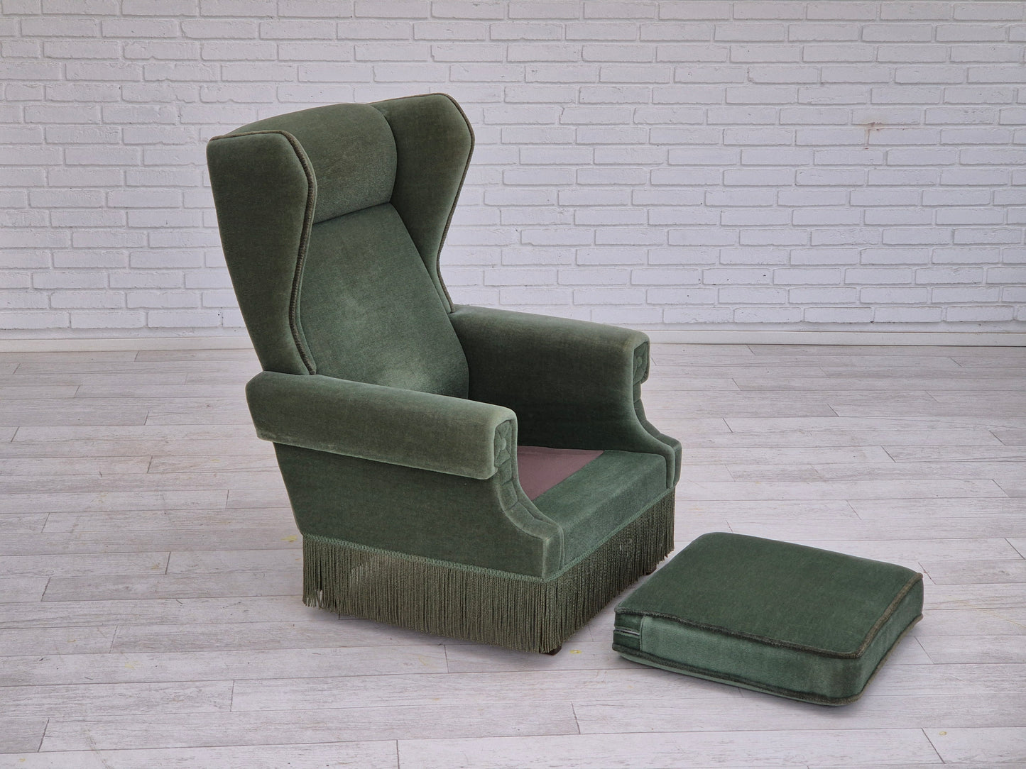 1970s, Danish wingback armchair, original condition, furniture velour, beech wood.