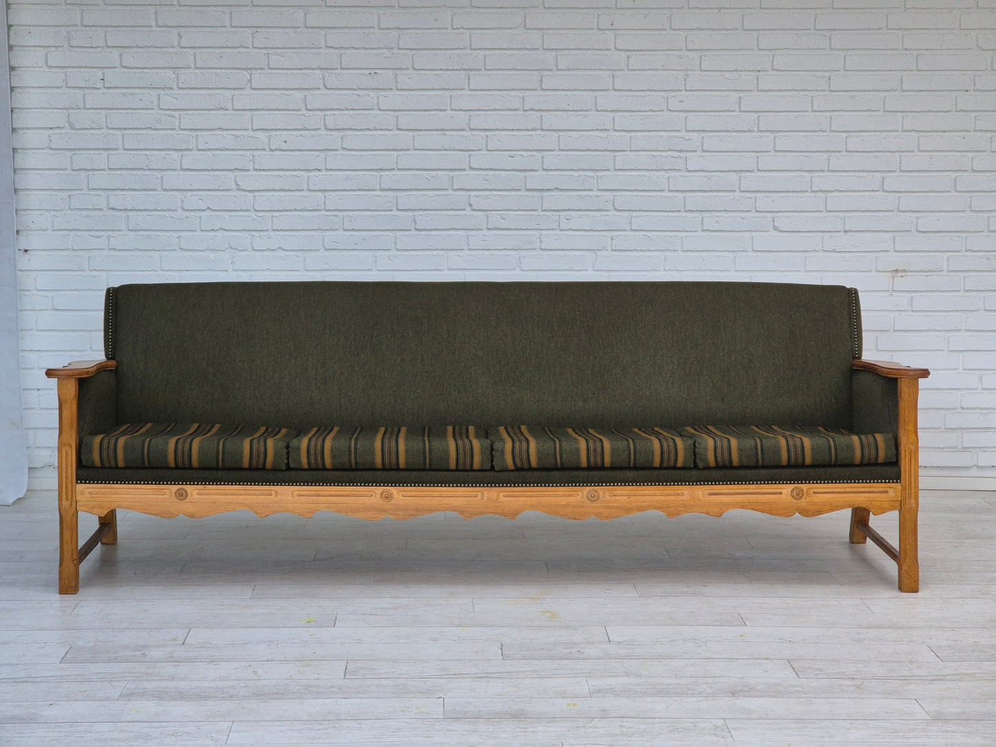 1970s, Danish 4 seater sofa, original very good condition, wool, oak wood.