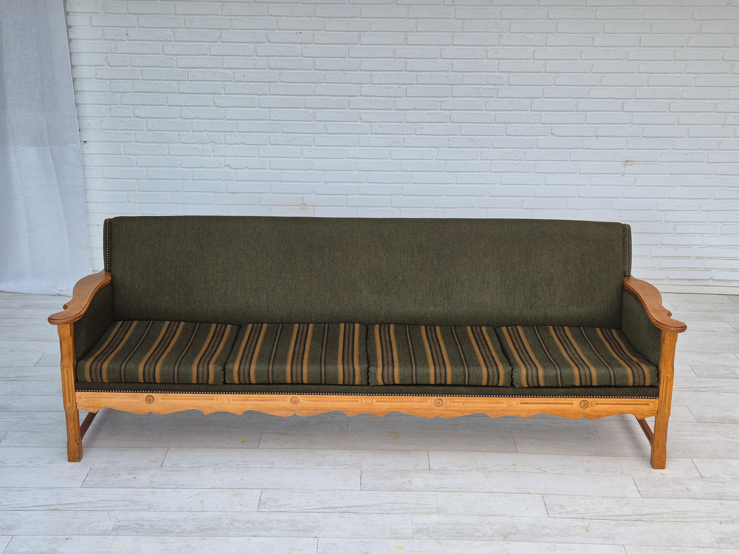 1970s, Danish 4 seater sofa, original very good condition, wool, oak wood.