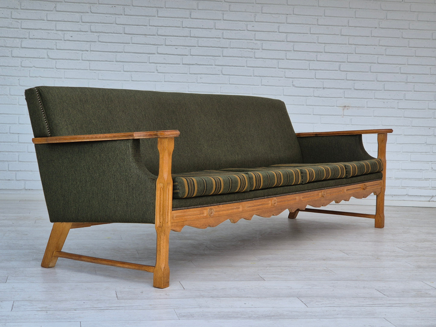 1970s, Danish 4 seater sofa, original very good condition, wool, oak wood.