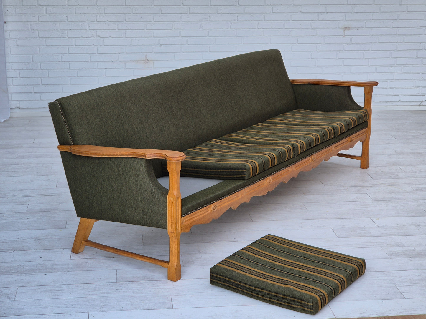 1970s, Danish 4 seater sofa, original very good condition, wool, oak wood.