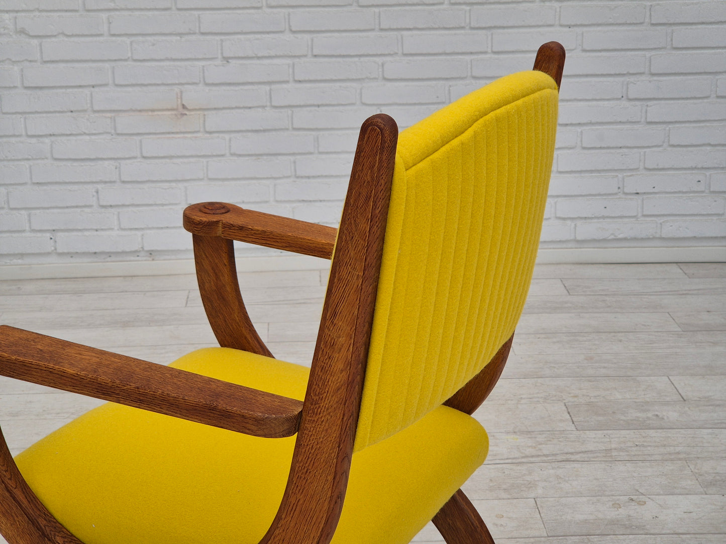 1950s, reupholstered Danish armchair, Gabriel furniture wool, oak wood.