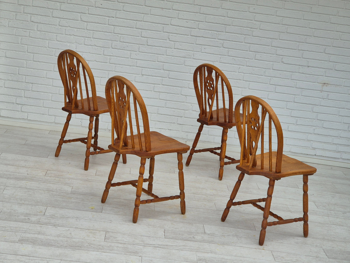 1960s, set of 4 scandinavian dining chairs in solid oak wood, original good condition.