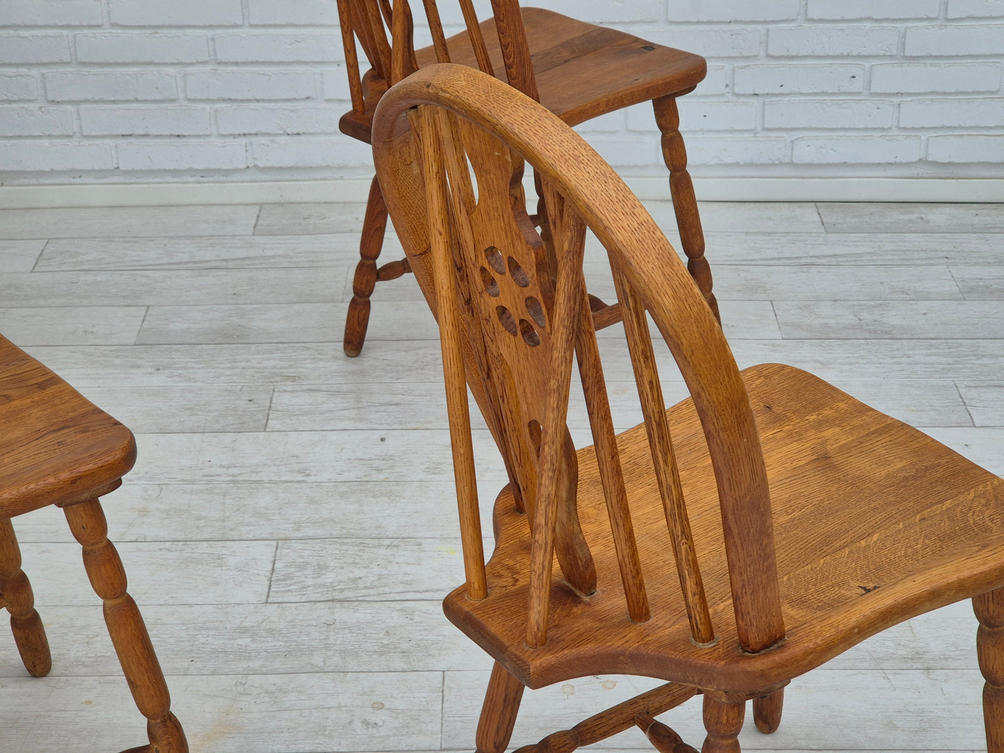 1960s, set of 4 scandinavian dining chairs in solid oak wood, original good condition.