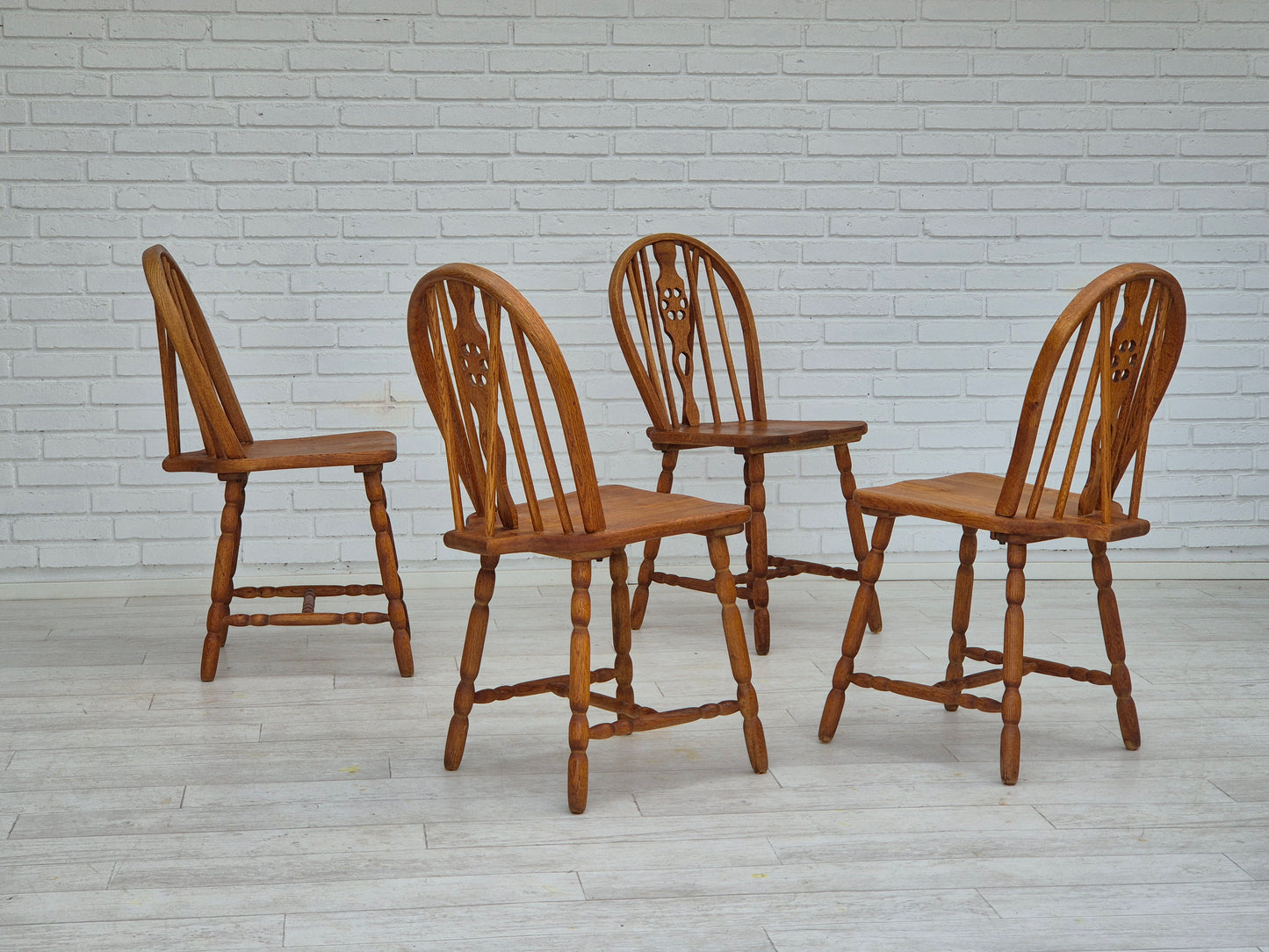 1960s, set of 4 scandinavian dining chairs in solid oak wood, original good condition.