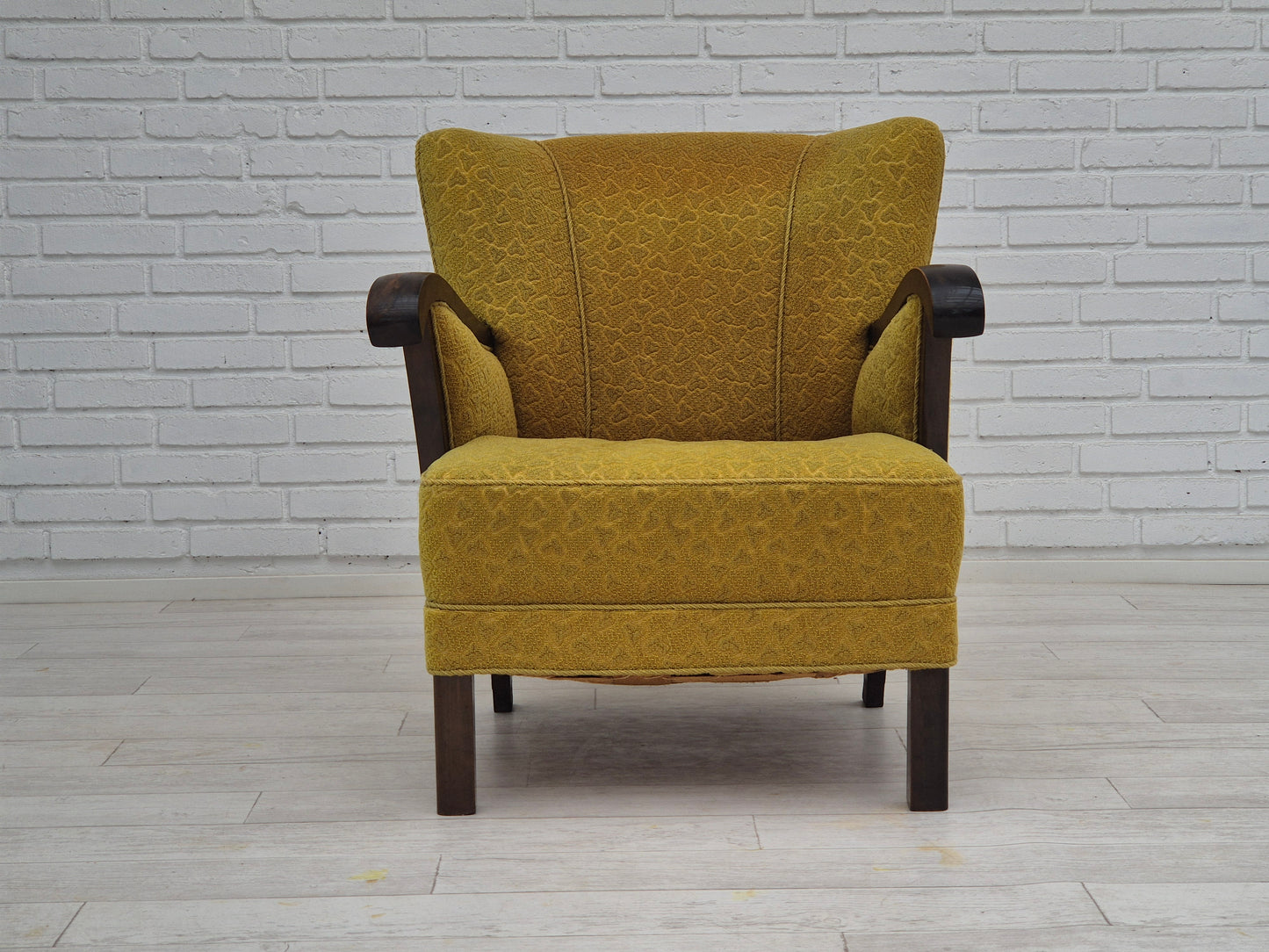 1950s, Danish vintage chair, light green cotton/wool fabric, beech wood.