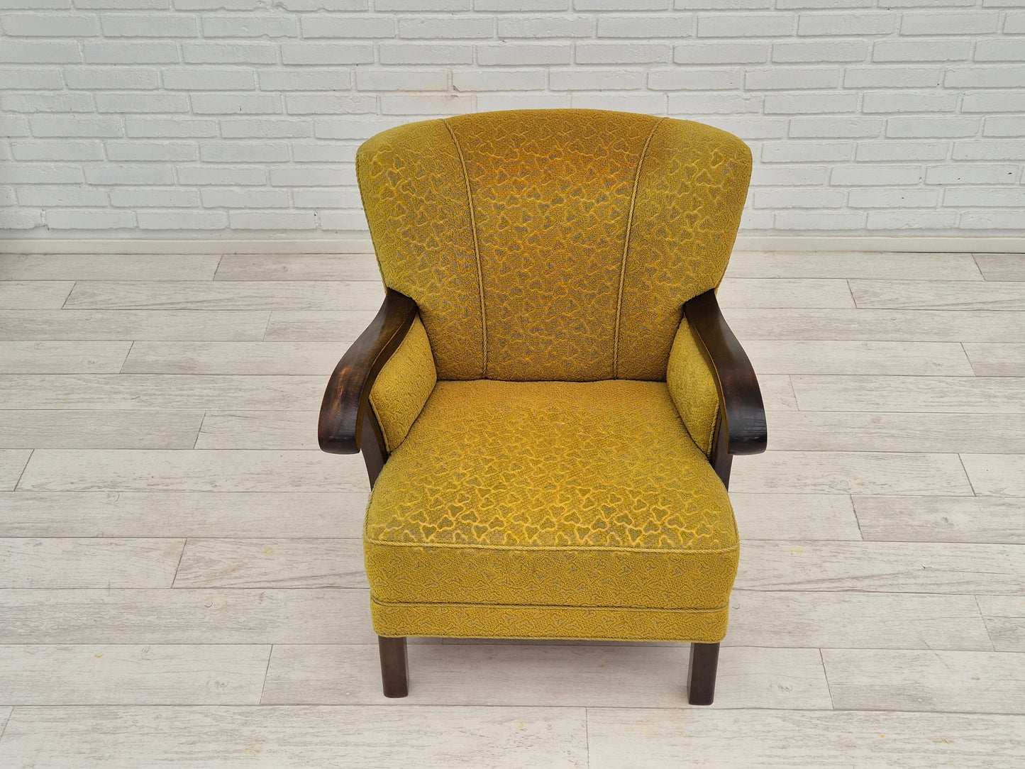 1950s, Danish vintage chair, light green cotton/wool fabric, beech wood.