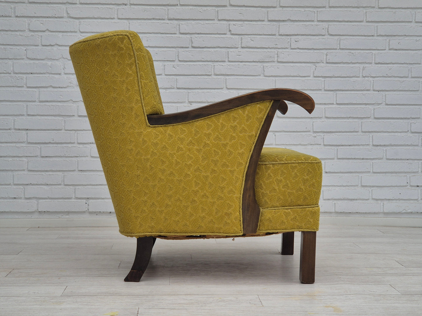 1950s, Danish vintage chair, light green cotton/wool fabric, beech wood.