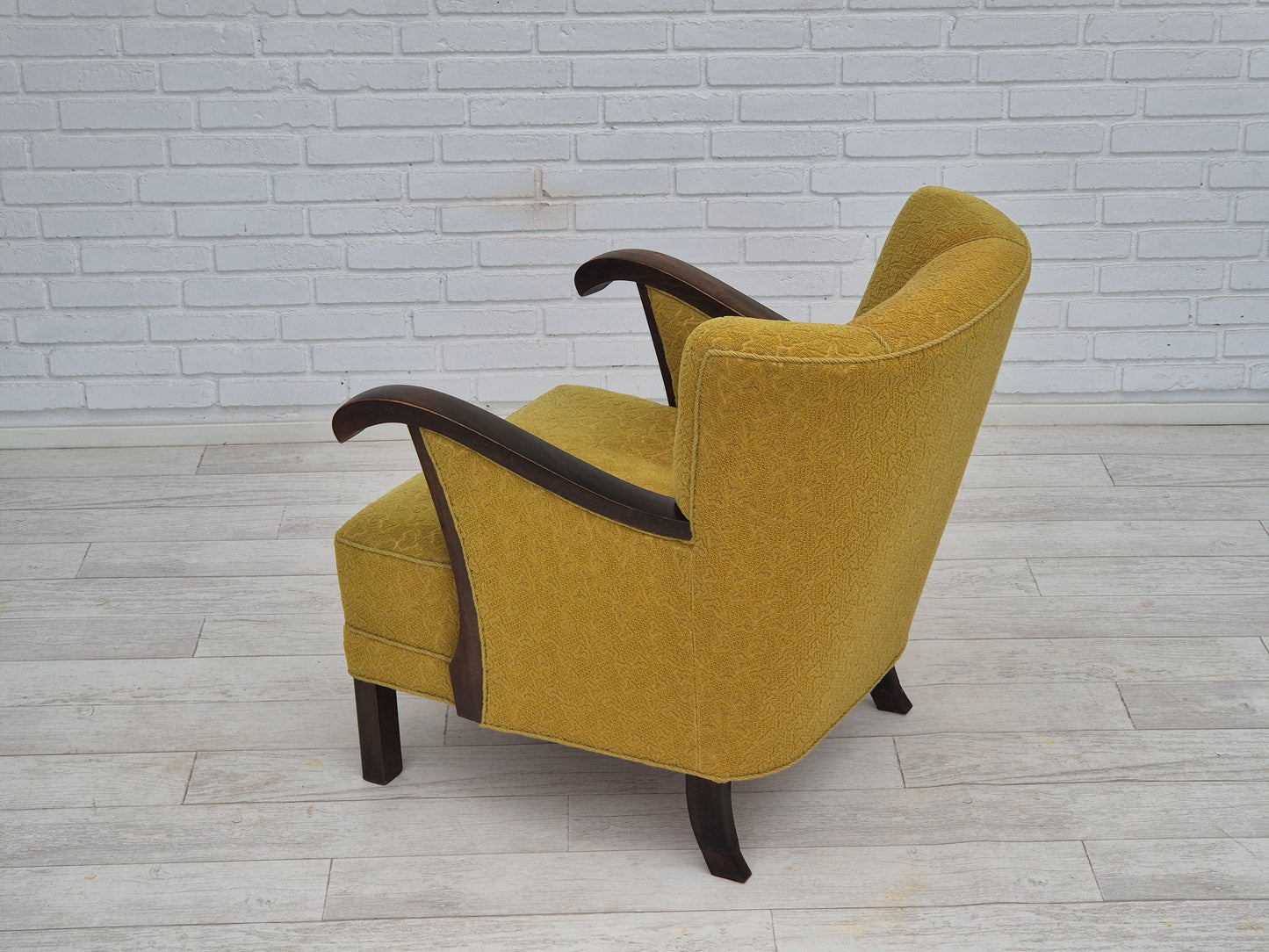 1950s, Danish vintage chair, light green cotton/wool fabric, beech wood.