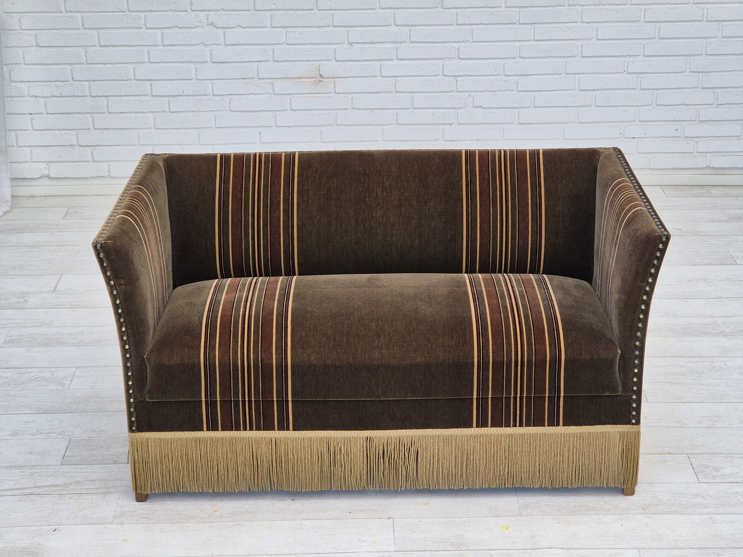 1970s, Danish 2 seater sofa, original condition, green velour, beech wood legs.