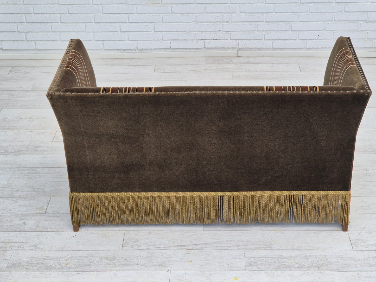 1970s, Danish 2 seater sofa, original condition, green velour, beech wood legs.