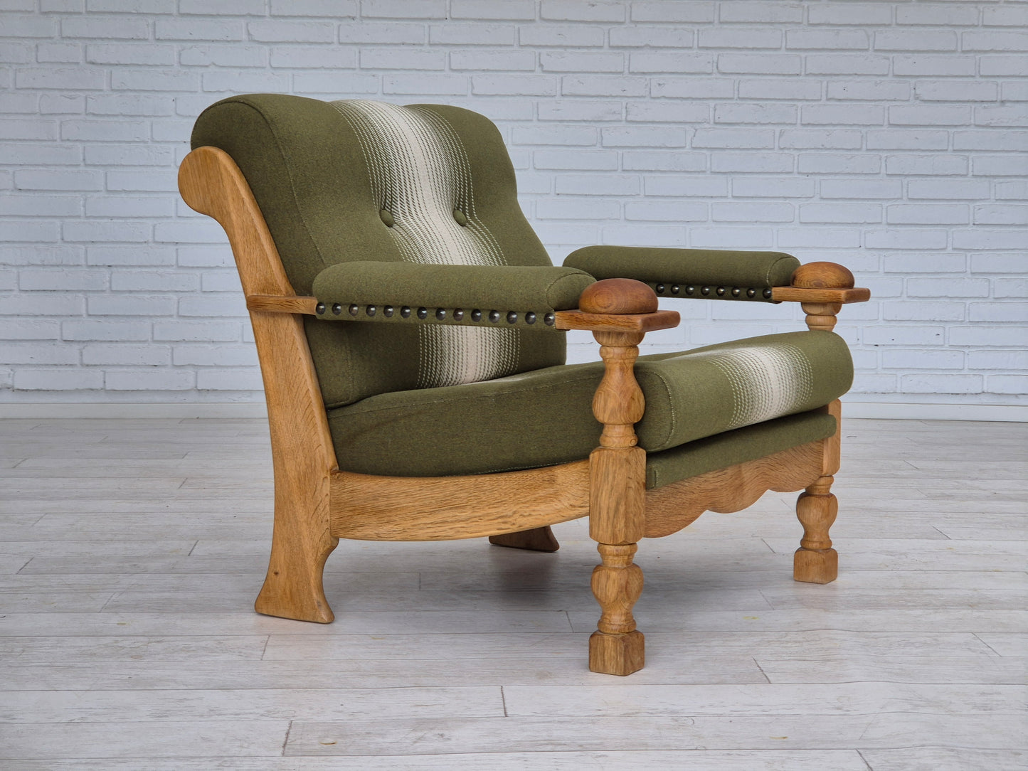 1970s, Danish armchair, original condition, wool, solid oak wood.