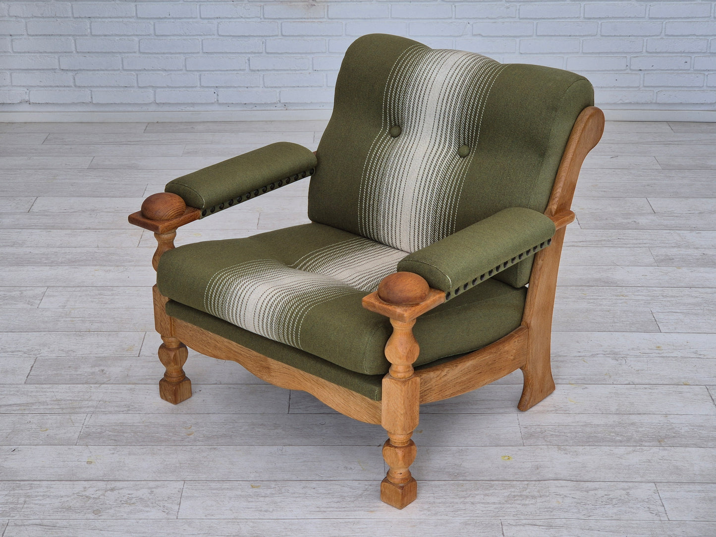 1970s, Danish armchair, original condition, wool, solid oak wood.