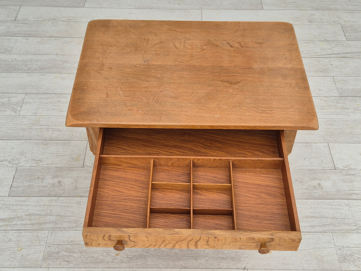 1970s, Danish sewing chest of drawers, solid oak wood, rattan.