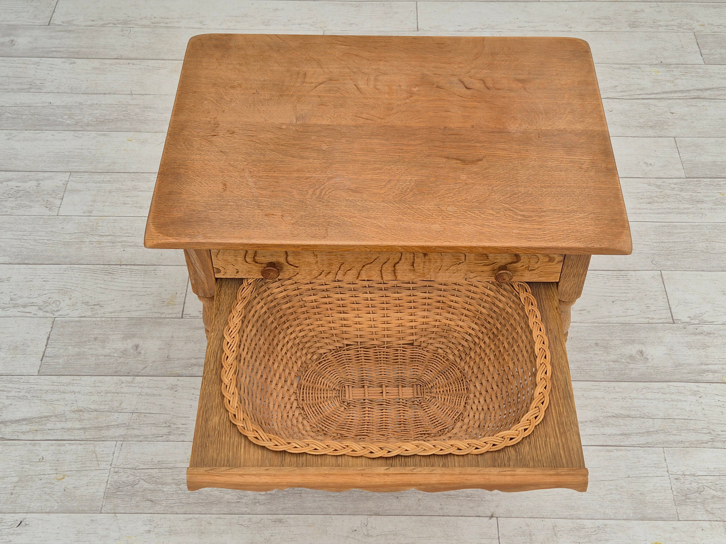 1970s, Danish sewing chest of drawers, solid oak wood, rattan.