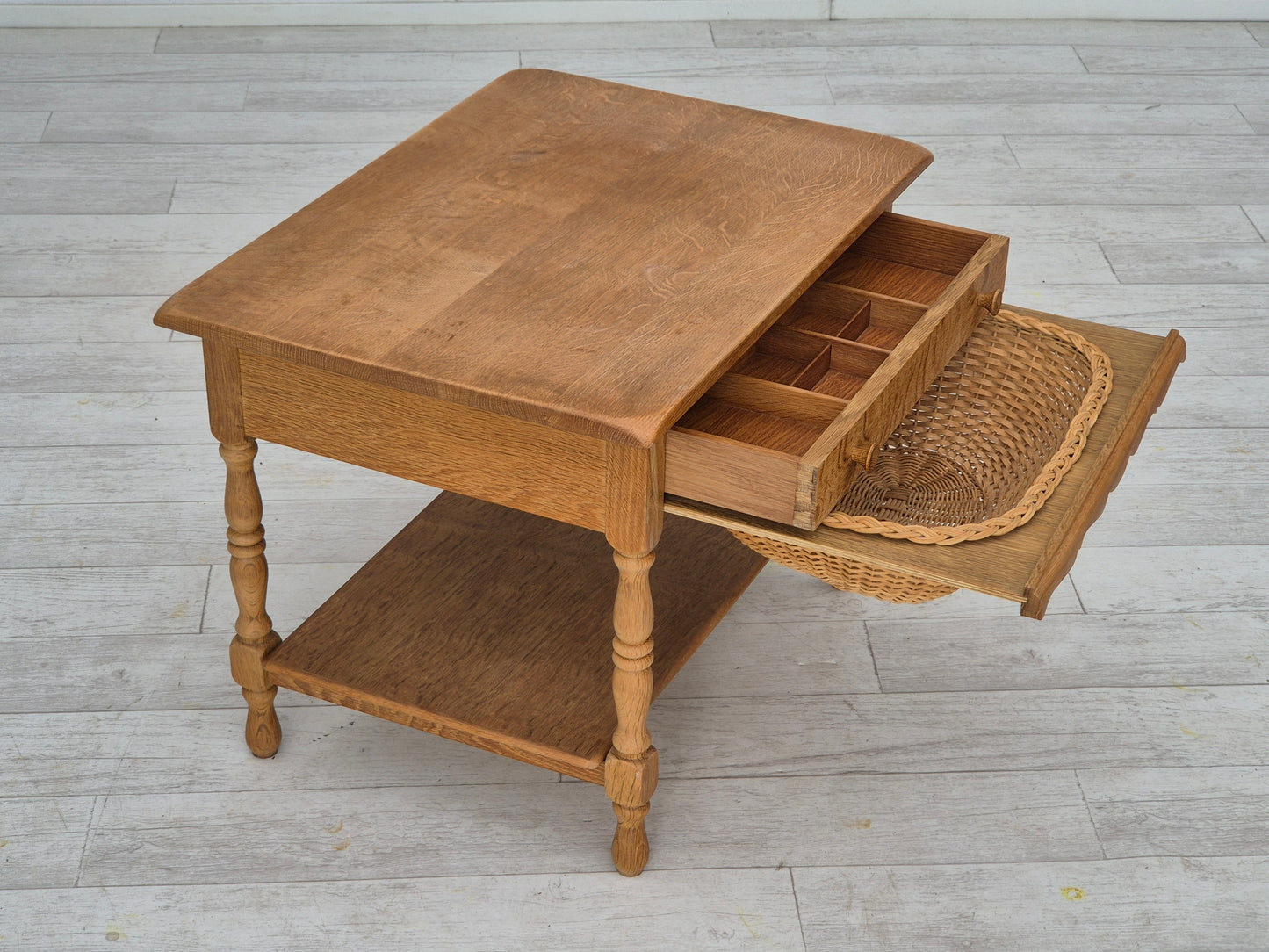 1970s, Danish sewing chest of drawers, solid oak wood, rattan.