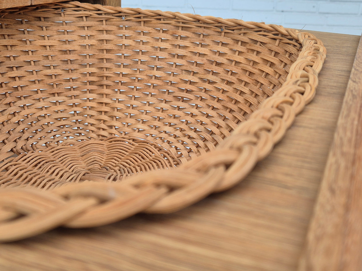 1970s, Danish sewing chest of drawers, solid oak wood, rattan.