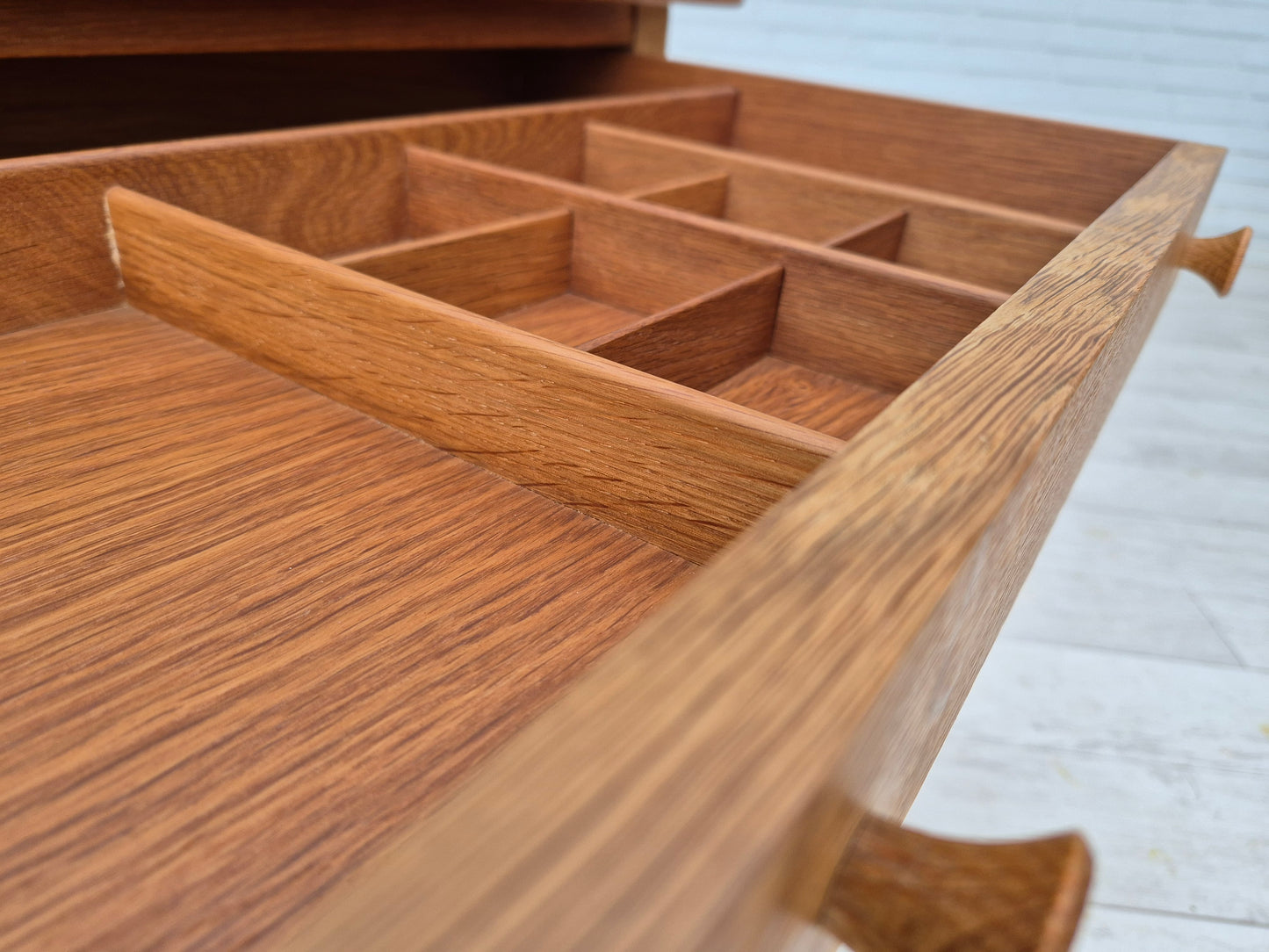 1970s, Danish sewing chest of drawers, solid oak wood, rattan.