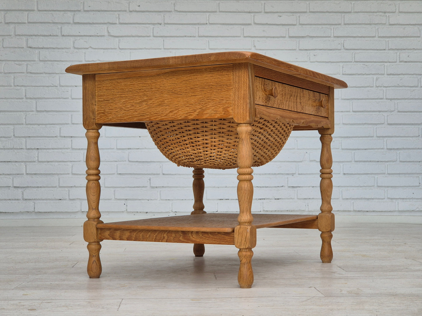 1970s, Danish sewing chest of drawers, solid oak wood, rattan.