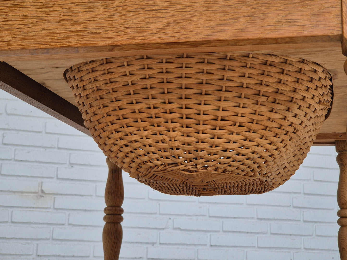 1970s, Danish sewing chest of drawers, solid oak wood, rattan.