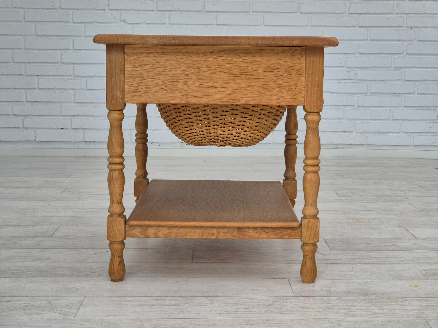 1970s, Danish sewing chest of drawers, solid oak wood, rattan.