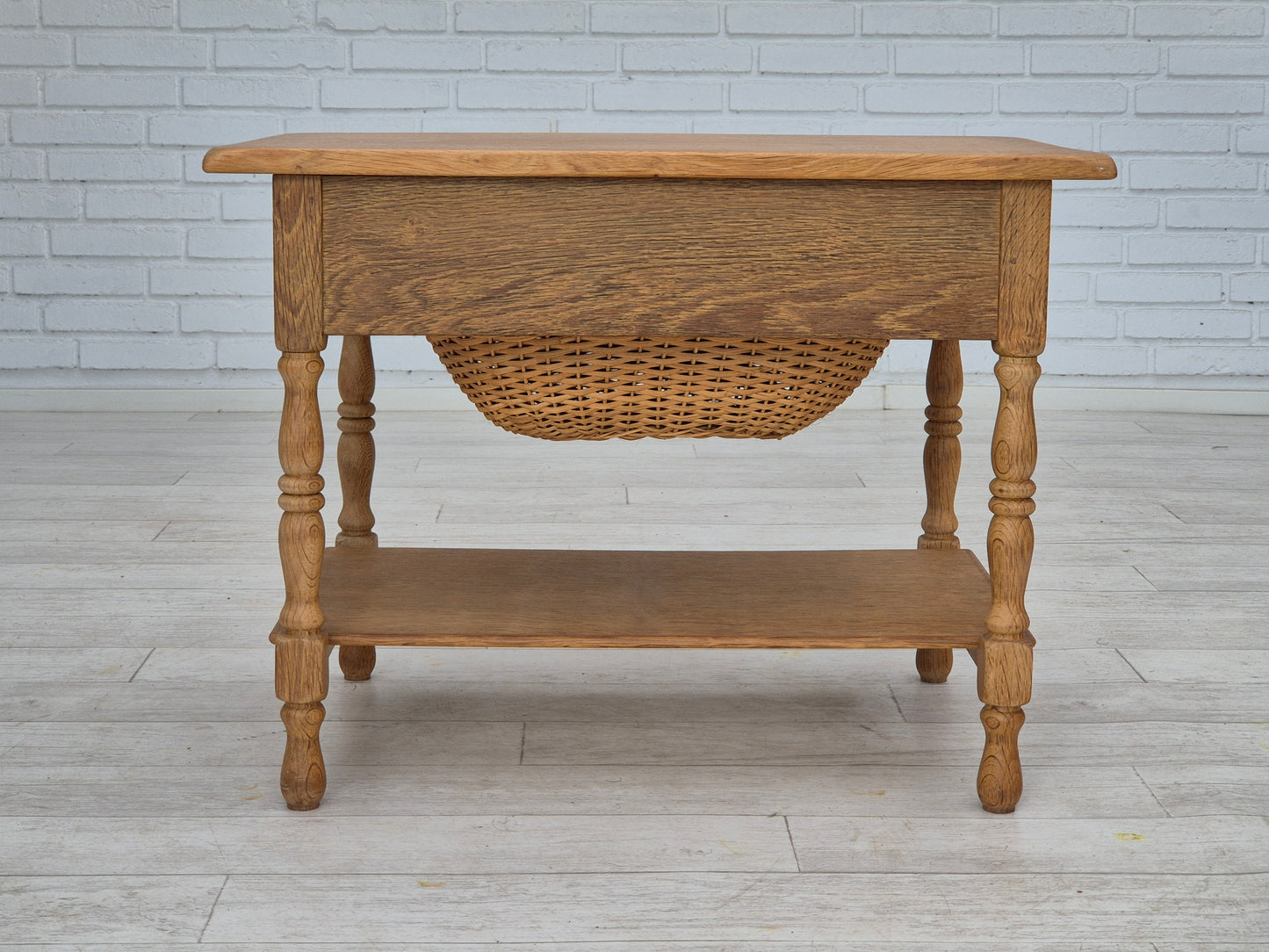 1970s, Danish sewing chest of drawers, solid oak wood, rattan.