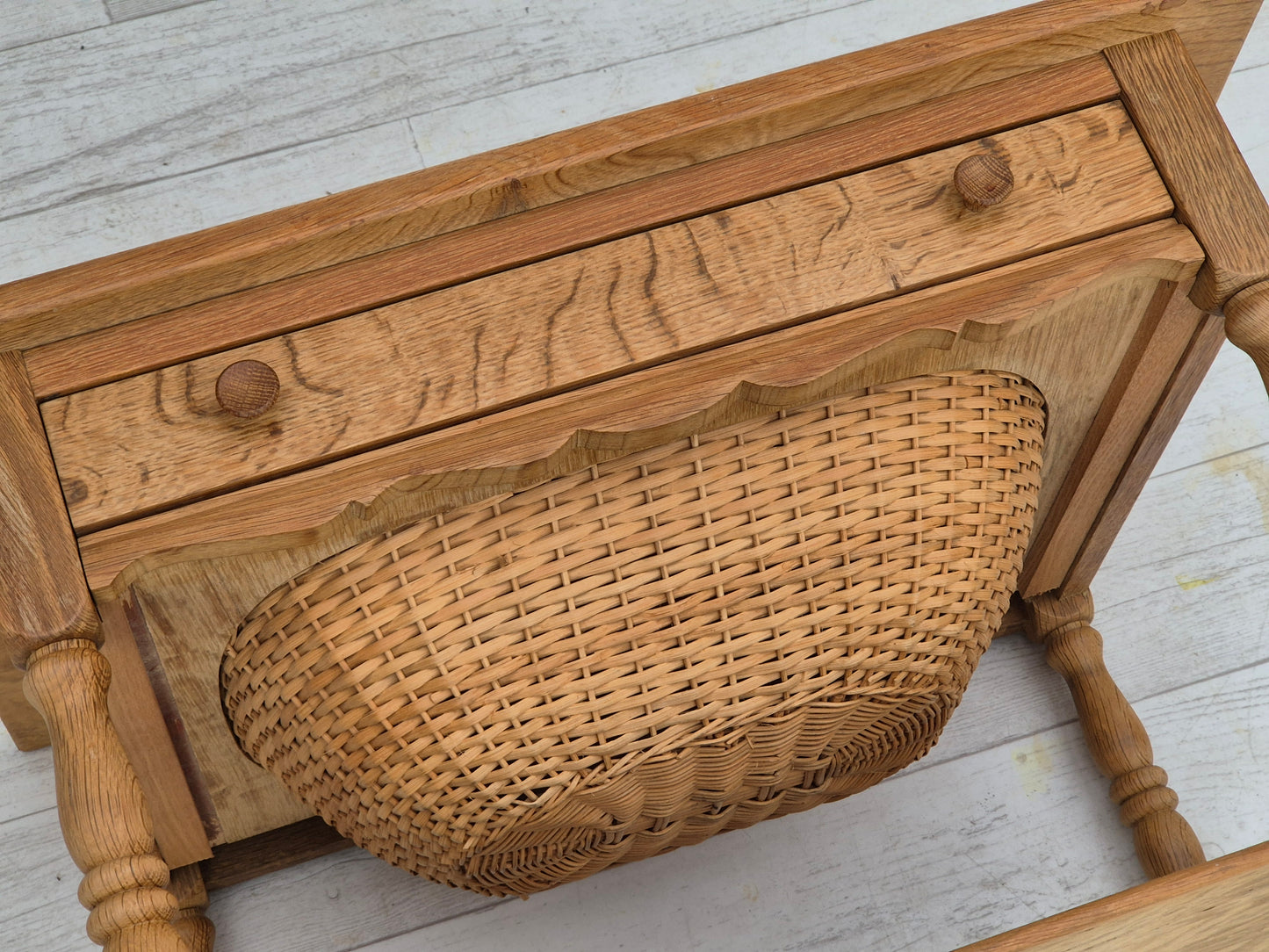 1970s, Danish sewing chest of drawers, solid oak wood, rattan.