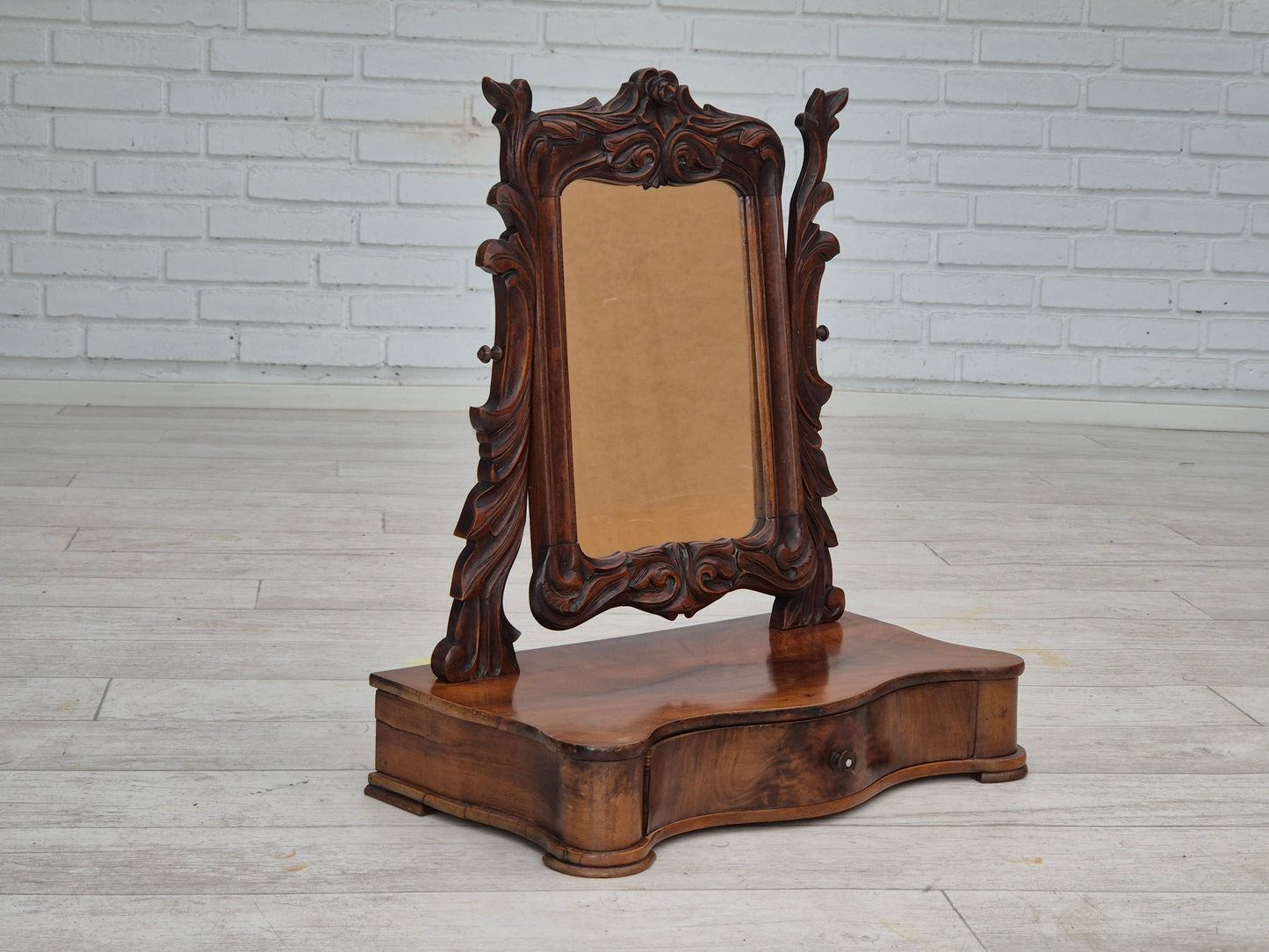 1920s, Danish vintage makeup mirror with jewelry storage, cherry wood.