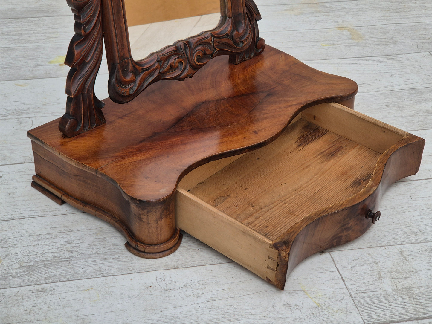 1920s, Danish vintage makeup mirror with jewelry storage, cherry wood.