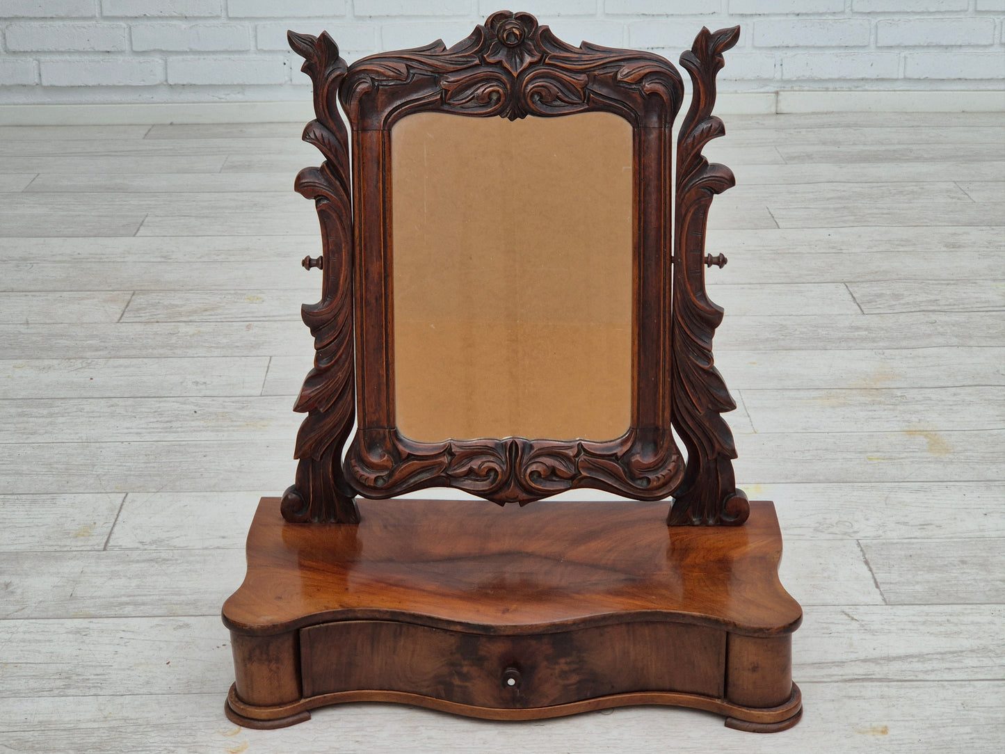 1920s, Danish vintage makeup mirror with jewelry storage, cherry wood.