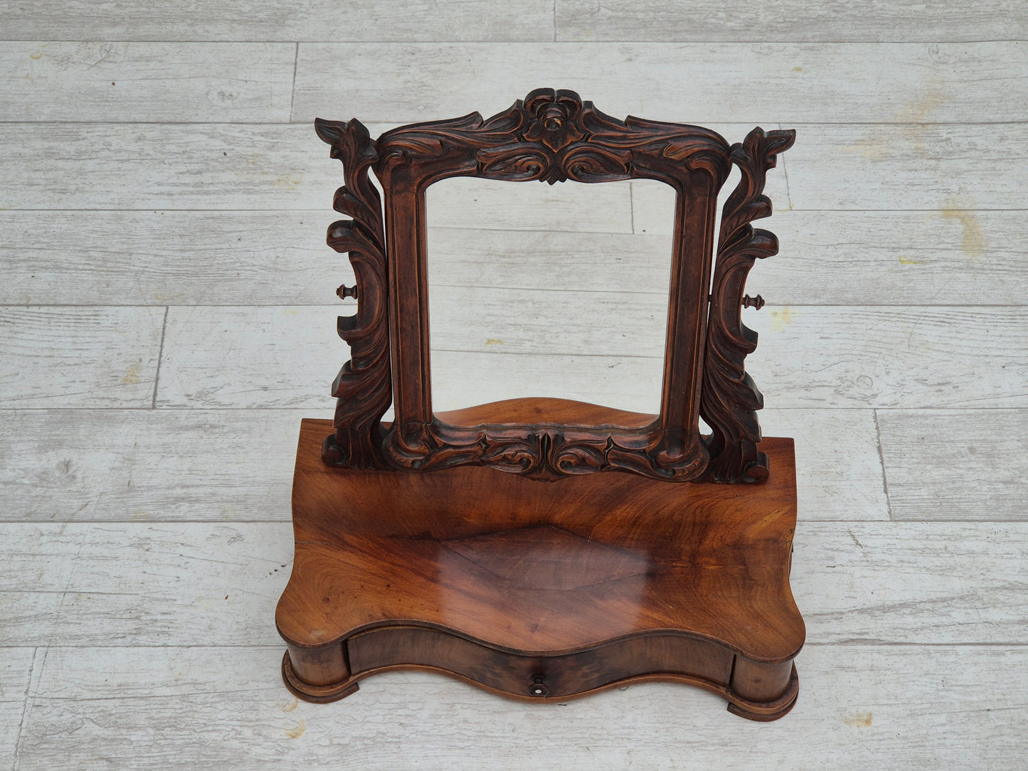 1920s, Danish vintage makeup mirror with jewelry storage, cherry wood.