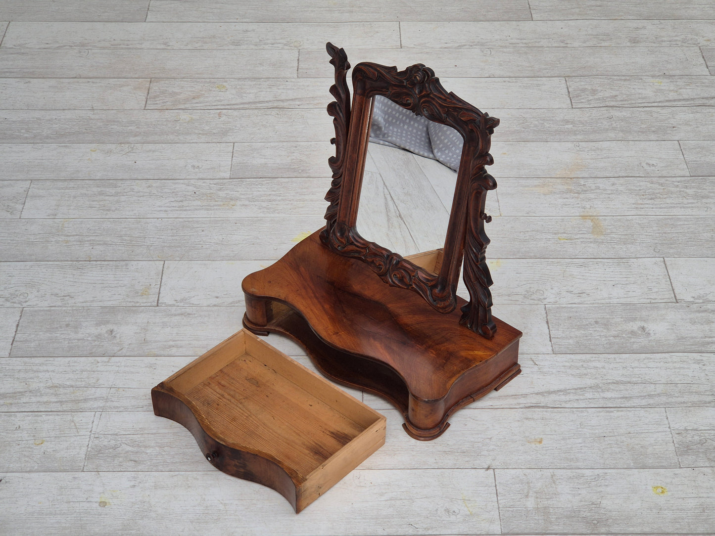 1920s, Danish vintage makeup mirror with jewelry storage, cherry wood.