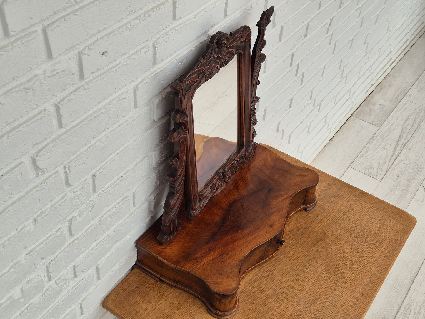 1920s, Danish vintage makeup mirror with jewelry storage, cherry wood.